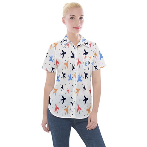 Sky Birds - Airplanes Women s Short Sleeve Pocket Shirt by ConteMonfrey