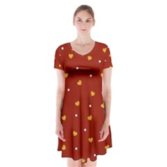 Red Yellow Love Heart Valentine Short Sleeve V-neck Flare Dress by Ravend