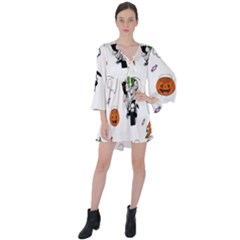 Halloween Jack O Lantern Vector V-neck Flare Sleeve Mini Dress by Ravend