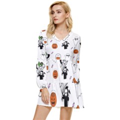 Halloween Jack O Lantern Vector Tiered Long Sleeve Mini Dress by Ravend