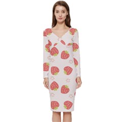 Strawberries Pattern Design Long Sleeve V-neck Bodycon Dress  by Wegoenart