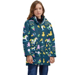 Cute Babies Toys Seamless Pattern Kid s Hooded Longline Puffer Jacket by Wegoenart