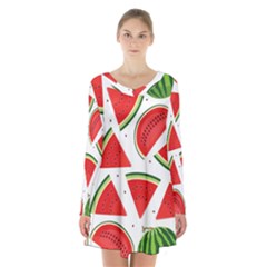 Watermelon Cuties White Long Sleeve Velvet V-neck Dress by ConteMonfrey