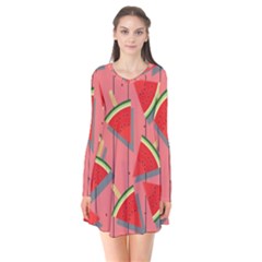 Red Watermelon Popsicle Long Sleeve V-neck Flare Dress by ConteMonfrey