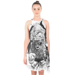 Drawing Angry Male Lion Roar Animal Halter Collar Waist Tie Chiffon Dress by danenraven