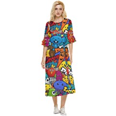 Graffiti Characters Seamless Pattern Double Cuff Midi Dress by Wegoenart