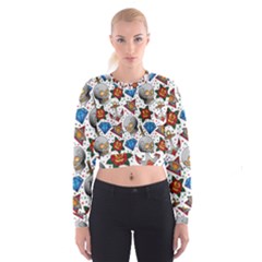 Full Color Flash Tattoo Patterns Cropped Sweatshirt by Wegoenart