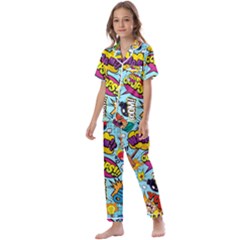 Comic Elements Colorful Seamless Pattern Kids  Satin Short Sleeve Pajamas Set by Wegoenart