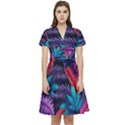 Background With Violet Blue Tropical Leaves Short Sleeve Waist Detail Dress View1