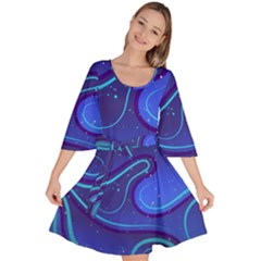 Wavy Abstract Blue Velour Kimono Dress by Ravend