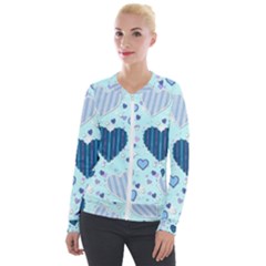 Hearts Pattern Paper Wallpaper Blue Background Velvet Zip Up Jacket by Wegoenart