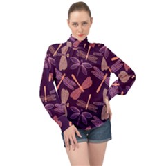 Dragonfly Pattern Design High Neck Long Sleeve Chiffon Top by Wegoenart