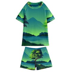 Green Landscape Illustration Nature Kids  Swim Tee And Shorts Set by Wegoenart