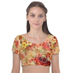 Seamless Pattern Textile Surface Luxury Vintage Velvet Short Sleeve Crop Top  by Wegoenart