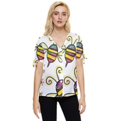 Bee Doodle Cartoon Bow Sleeve Button Up Top by Wegoenart