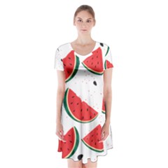 Watermelon Seamless Pattern Short Sleeve V-neck Flare Dress by Jancukart