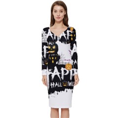 Happy Halloween Long Sleeve V-neck Bodycon Dress  by Jancukart