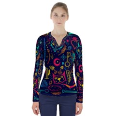 Sketch Graphic Illustration V-neck Long Sleeve Top by Vaneshart