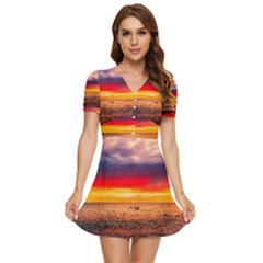 Denmark Sunset Dusk Sky Clouds Sea Ocean Water V-neck High Waist Chiffon Mini Dress by danenraven