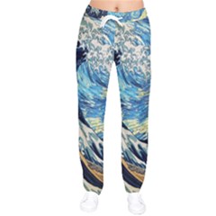 The Great Wave Of Kanagawa Painting Starry Night Vincent Van Gogh Women Velvet Drawstring Pants by danenraven