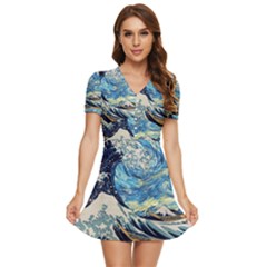 The Great Wave Of Kanagawa Painting Starry Night Vincent Van Gogh V-neck High Waist Chiffon Mini Dress by danenraven