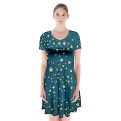 Star Golden Pattern Christmas Design White Gold Short Sleeve V-neck Flare Dress by Ravend