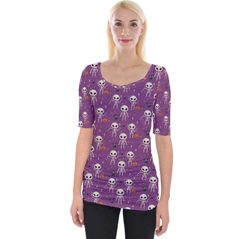 Background Halloween Pattern Pumpkin Skeleton Bat Wide Neckline Tee by Ravend