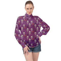 Background Halloween Pattern Pumpkin Skeleton Bat High Neck Long Sleeve Chiffon Top by Ravend