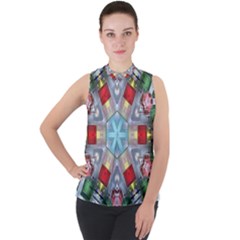 Geometric Symmetrical Symmetry Data Futuristic Mock Neck Chiffon Sleeveless Top by Ravend