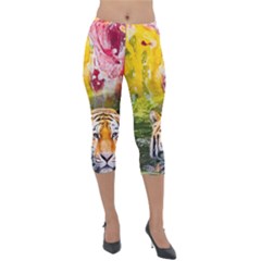 Rainbow Painted Nature Bigcat Lightweight Velour Capri Leggings  by Sparkle