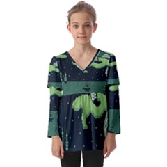 Ship Sea Monster Boat Island Night Pixel Kids  V Neck Casual Top by Pakemis