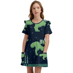 Ship Sea Monster Boat Island Night Pixel Kids  Frilly Sleeves Pocket Dress by Pakemis