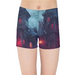 Haunted House Halloween Cemetery Moonlight Kids  Sports Shorts by Pakemis