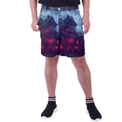 Haunted House Halloween Cemetery Moonlight Men s Pocket Shorts by Pakemis