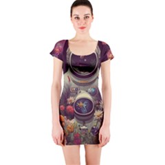 Astronaut Universe Planting Flowers Cosmos Art Short Sleeve Bodycon Dress by Pakemis