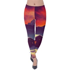 Cabin Mountains Snow Sun Winter Dusk Velvet Leggings by Pakemis