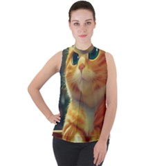 Cute Cat Cat Feline 3d Mock Neck Chiffon Sleeveless Top by Pakemis