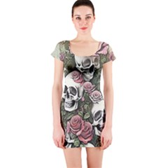 Skulls Roses Wallpaper Garden Artwork Short Sleeve Bodycon Dress by Pakemis