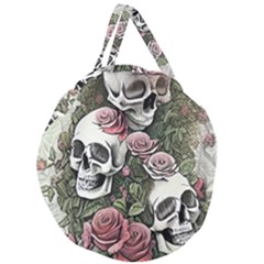 Skulls Roses Wallpaper Garden Artwork Giant Round Zipper Tote by Pakemis