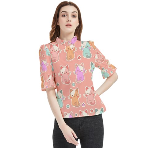 Cute Kawaii Kittens Seamless Pattern Frill Neck Blouse by Pakemis