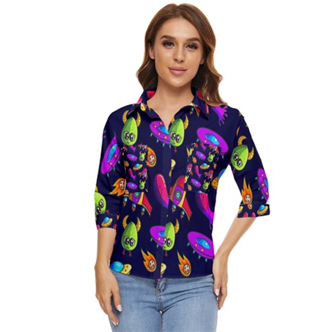 Space Pattern Women s Quarter Sleeve Pocket Shirt by Pakemis