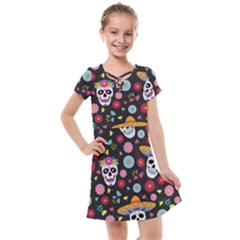 Day Dead Skull With Floral Ornament Flower Seamless Pattern Kids  Cross Web Dress by Pakemis