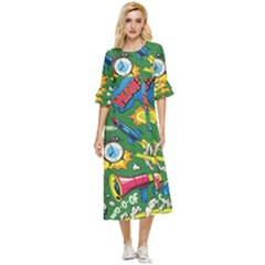 Pop Art Colorful Seamless Pattern Double Cuff Midi Dress by Pakemis