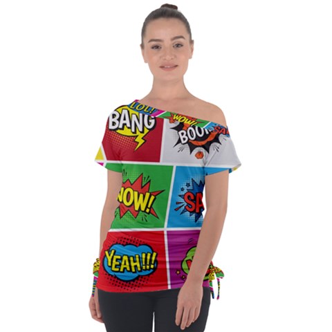 Pop Art Comic Vector Speech Cartoon Bubbles Popart Style With Humor Text Boom Bang Bubbling Expressi Off Shoulder Tie-up Tee by Pakemis