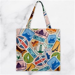 Travel Pattern Immigration Stamps Stickers With Historical Cultural Objects Travelling Visa Immigran Zipper Grocery Tote Bag by Pakemis