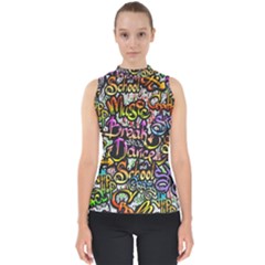 Graffiti Word Seamless Pattern Mock Neck Shell Top by Pakemis