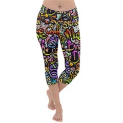 Graffiti Word Seamless Pattern Lightweight Velour Capri Yoga Leggings by Pakemis