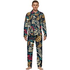 Vintage Art Tattoos Colorful Seamless Pattern Men s Long Sleeve Velvet Pocket Pajamas Set by Pakemis