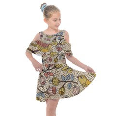 Seamless Pattern With Flower Bird Kids  Shoulder Cutout Chiffon Dress by Pakemis