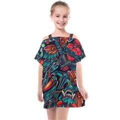 Vintage Tattoos Colorful Seamless Pattern Kids  One Piece Chiffon Dress by Pakemis